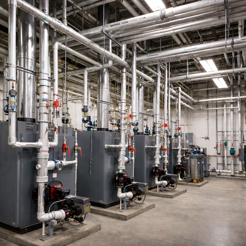 lumber Ji providing expert industrial plumbing services, featuring a large-scale boiler and piping system installation. The setup includes high-quality pipelines, valves, pumps, and heating units, showcasing professional plumbing solutions for commercial and industrial facilities. Ideal for those searching for Plumber Ji near me or reliable water system and pipeline experts